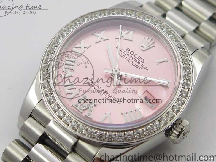 MiroTime 0402 Datejust 31mm 278275 SS Crystal Bezel BP Maker Best Edition Pink Roman Dial Crystal @6 on SS President Bracelet Contemporary 3082